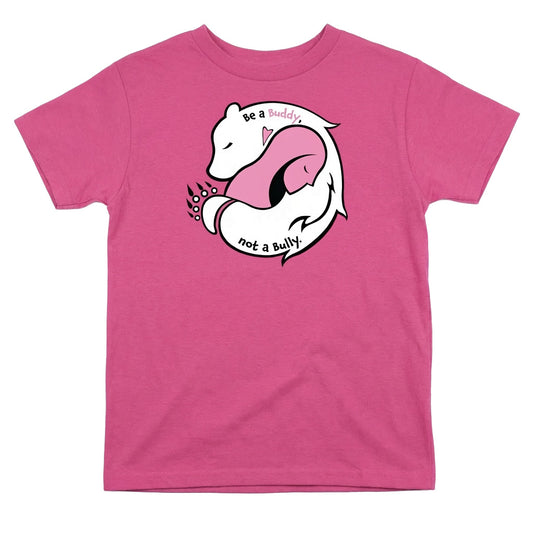 Be a Buddy, Not a Bully - Pink Shirt Day 2026 Youth Tee featuring a friendly design on a pink shirt.