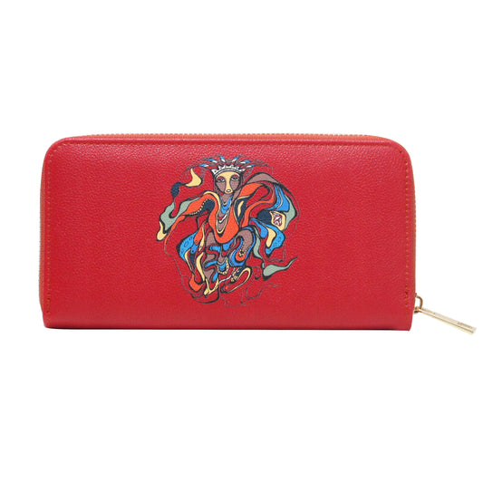 Red wallet with a colorful abstract design on a white background