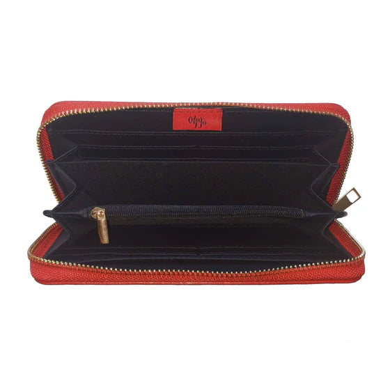 Red wallet with a visible brand logo on a white background
