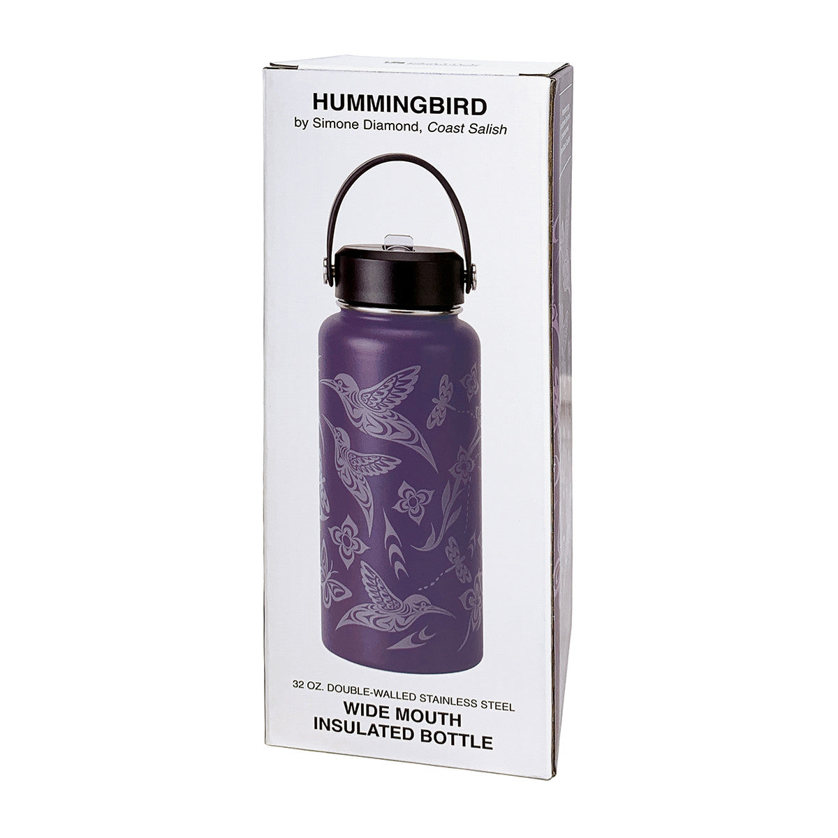 Purple insulated bottle with bird design in packaging on a white background