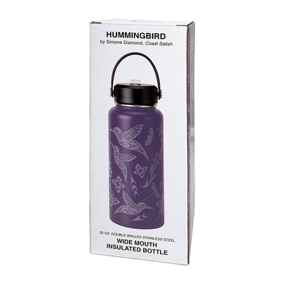 Purple insulated bottle with bird design in packaging on a white background