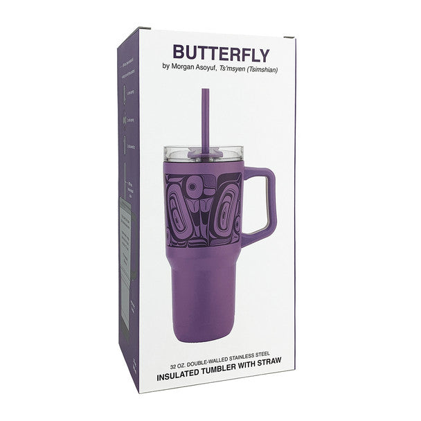 Purple insulated tumbler with straw in a 'Butterfly' by Morgan Asoyefu packaging on a white background