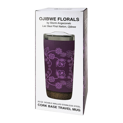 Purple travel mug with floral design in packaging, featuring 'Ojibwe Florals' branding.