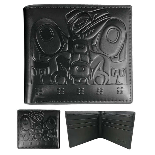 Raven Box embossed black leather wallet with Indigenous artwork front view