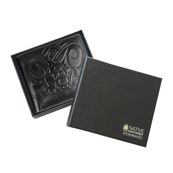 Black leather wallet with embossed design and Native Northwest logo on a white background