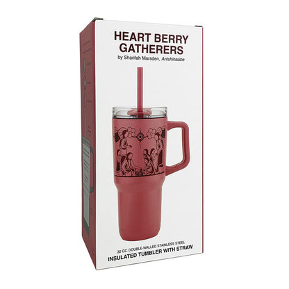 Red insulated tumbler with straw in packaging labeled 'Heart Berry Gatherers'.