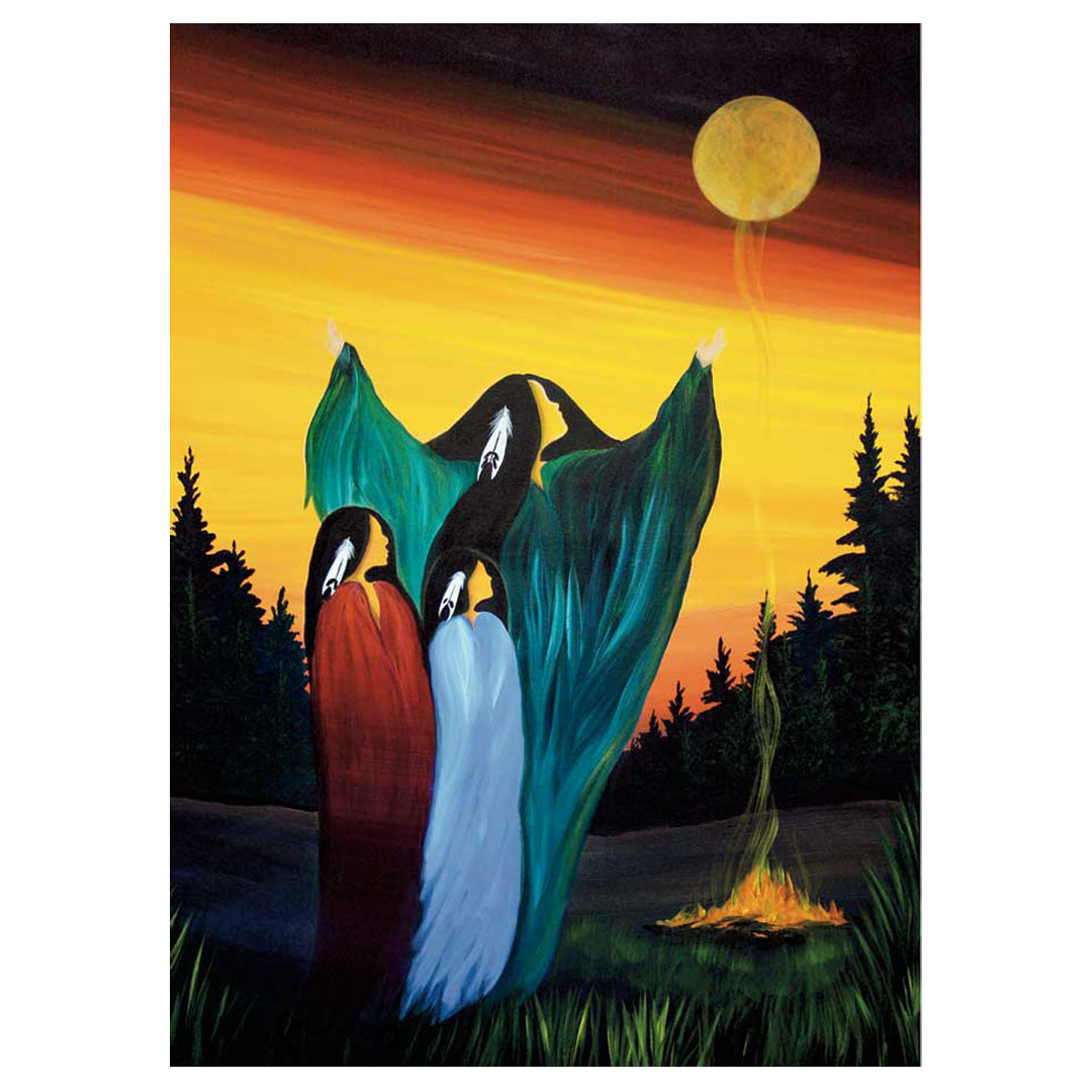 Three figures in colorful robes standing by a campfire with a sunset sky.