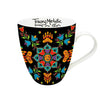 Mug with colorful mandala design on a black background, featuring the brand 'Tracey Metallic'.