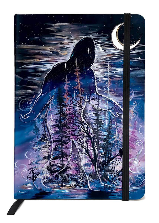 Sabe Sasquatch lined journal featuring Indigenous artwork on cover purple and blue design