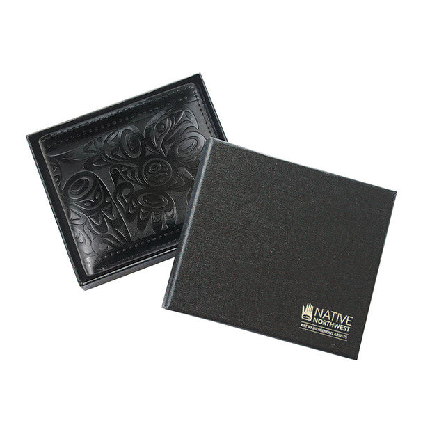 Black leather wallet with embossed design on a matching black box, featuring 'Native Northwest' branding.