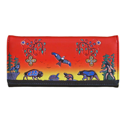 Seven Grandfather Teachings Wallet featuring vibrant artwork by Cody Houle with Anishinaabe symbols and colors.