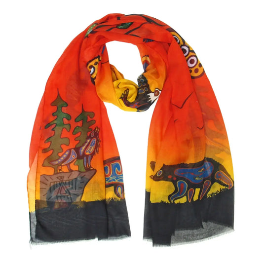 Seven Grandfather Teachings Eco-Scarf featuring vibrant colors and Anishinaabe artwork by Cody Houle.