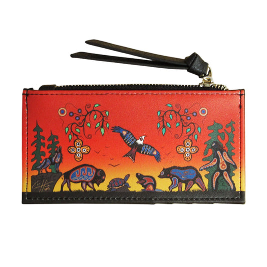 Hand-painted wallet with nature-themed design on a white background