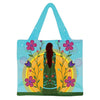 Tote bag with a colorful design of a woman and flowers on a blue background