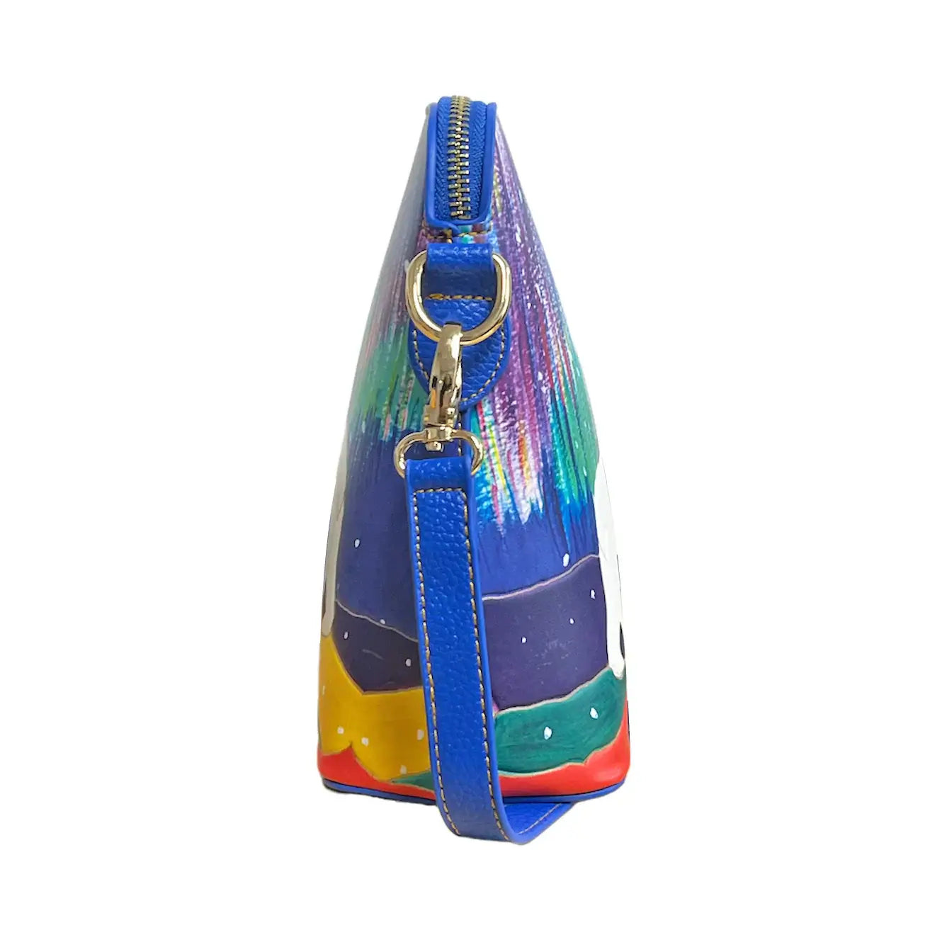 Side view of Sky Watchers Art Bag by Dawn Oman featuring colorful design and adjustable strap.