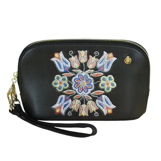 Black wristlet with colorful floral embroidery on a white background
