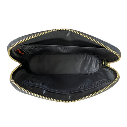 Black leather pouch with gold zipper on a white background
