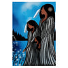 Artistic depiction of three figures in traditional attire against a blue sky with trees and flowers.