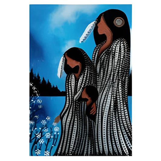 Artistic depiction of three figures in traditional attire against a blue sky with trees and flowers.