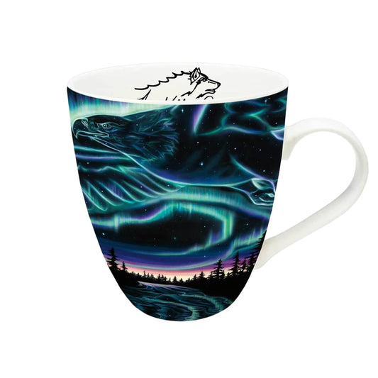 Mug with a design of a eagle and aurora borealis on a white background