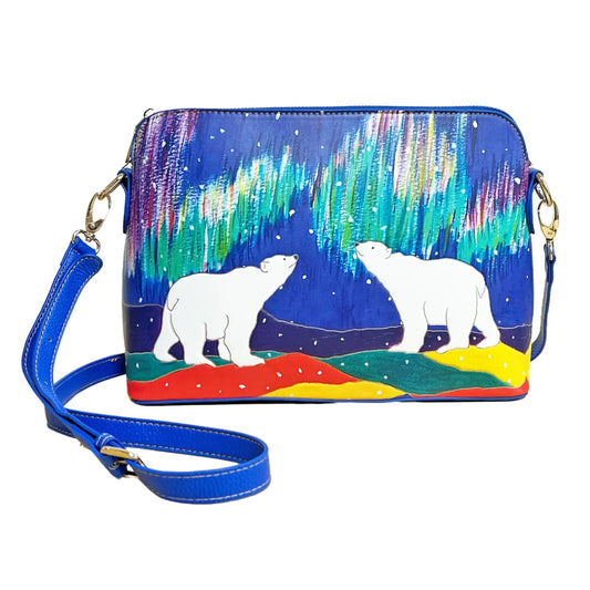 Sky Watchers Art Bag featuring polar bear design by Dawn Oman with adjustable strap and vibrant colors.