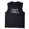 Snaggable Shaggable Shackupable sleeveless men’s tee in black with white checklist graphic on the front