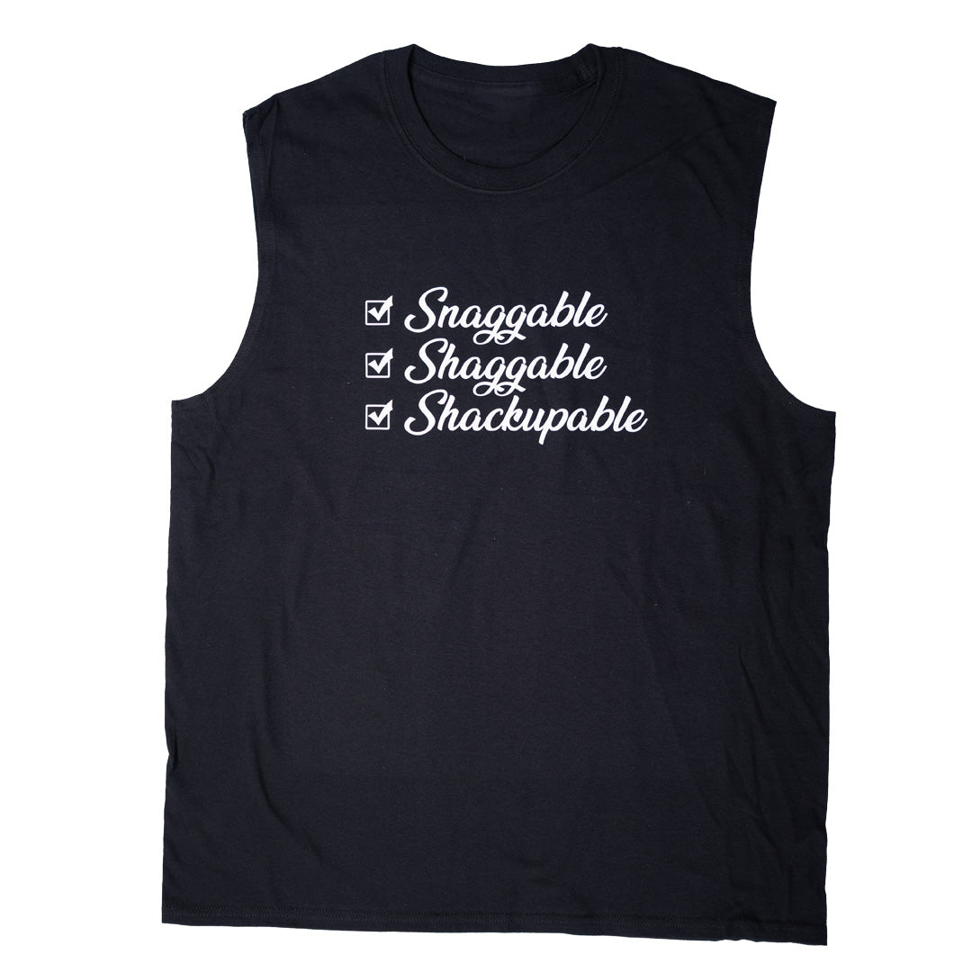 Snaggable Shaggable Shackupable sleeveless men’s tee in black with white checklist graphic on the front