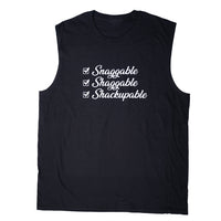 Snaggable Shaggable Shackupable sleeveless men’s tee in black with white checklist graphic on the front