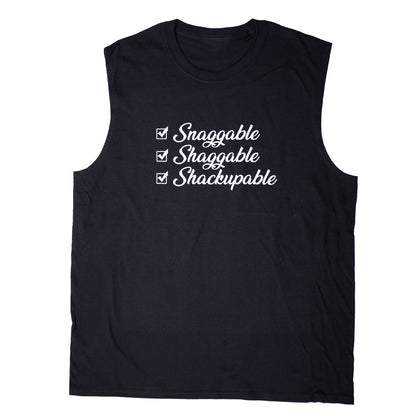 Snaggable Shaggable Shackupable sleeveless men’s tee in black with white checklist graphic on the front