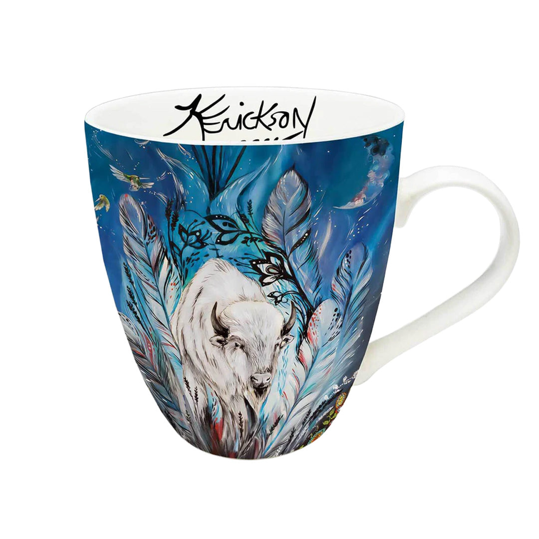 Mug with artistic design of a white animal, feathers, and blue background on a white background
