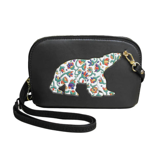 Black crossbody bag with a colorful bear silhouette on a white background