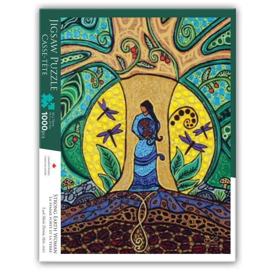 Strong Earth Woman - 1000 Piece Jigsaw Puzzle box featuring artwork by Métis Artist Leah Dorion.