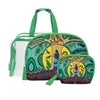 Strong Earth Woman Cosmetic Bag Set featuring compact bags with unique designs by Métis artist Leah Dorion.