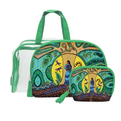 Strong Earth Woman Cosmetic Bag Set featuring compact bags with unique designs by Métis artist Leah Dorion.
