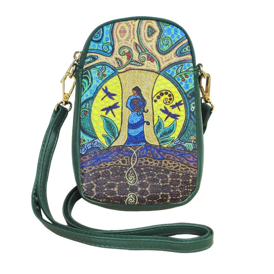 Strong Earth Woman Phone Bag featuring colorful art by Métis artist Leah Dorion, highlighting women's connection to the earth.