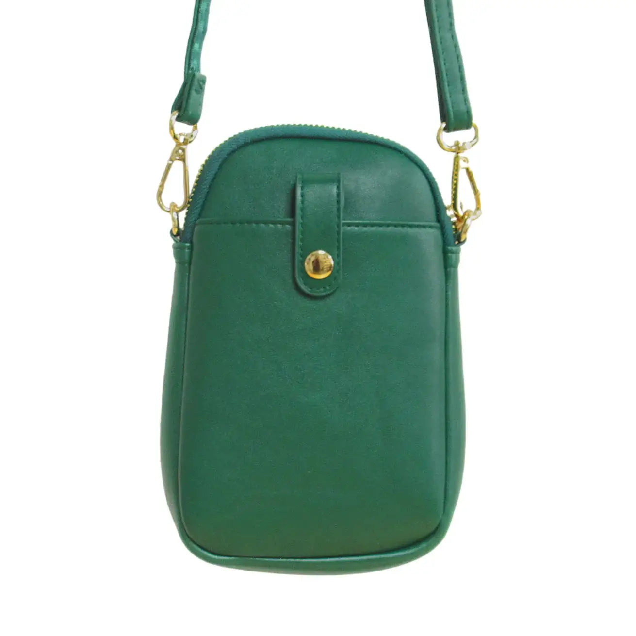 Strong Earth Woman Phone Bag in green synthetic leather with detachable strap and zipped compartment.