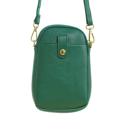Strong Earth Woman Phone Bag in green synthetic leather with detachable strap and zipped compartment.
