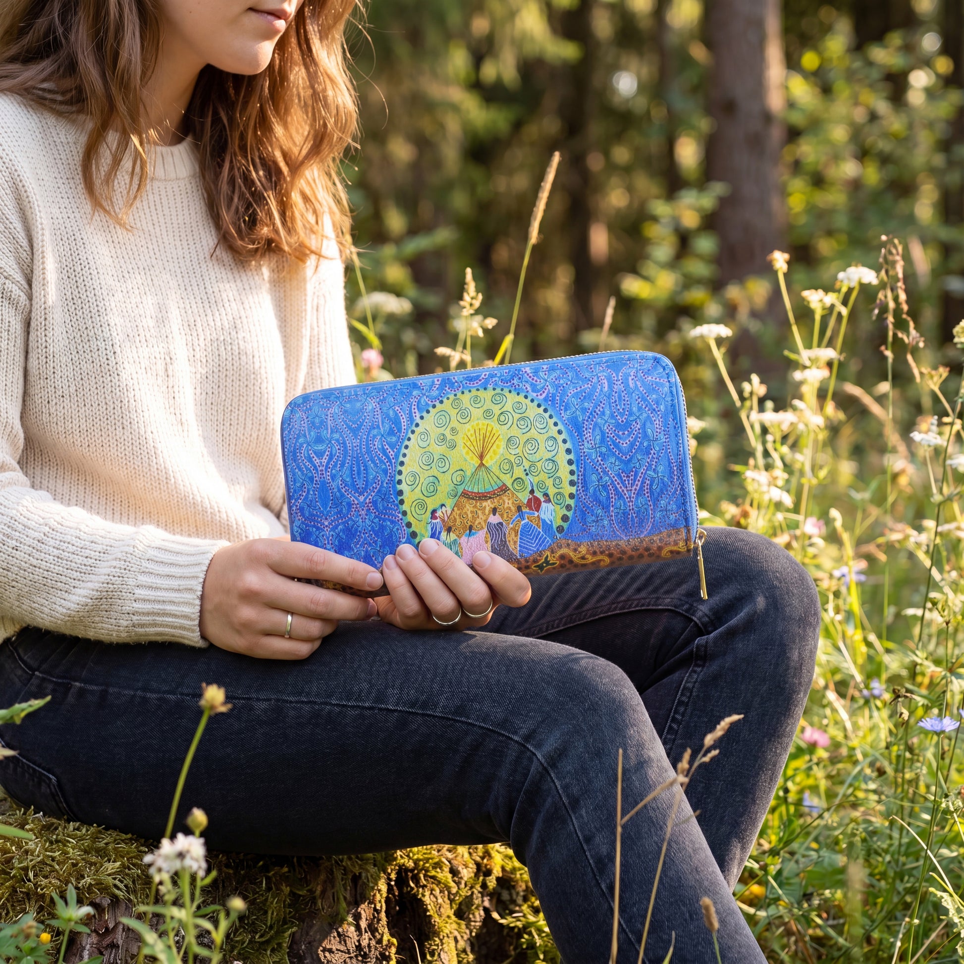 Person holding a blue clutch with a colorful design in a natural setting