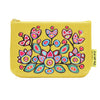 Yellow pouch with colorful floral design on a white background