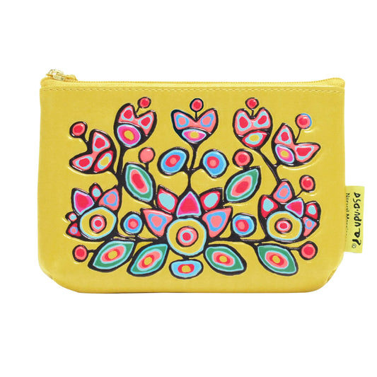 Yellow pouch with colorful floral design on a white background