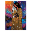 Colorful artwork of a woman with a headdress against a vibrant background