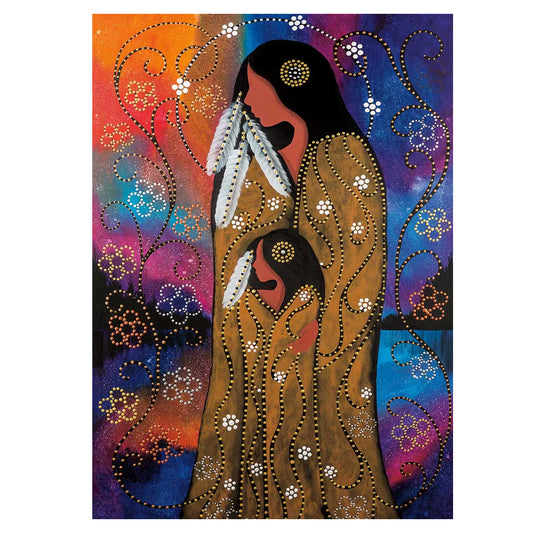 Colorful artwork of a woman with a headdress against a vibrant background