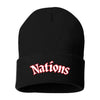 Black beanie with red text 'Nations' on a white background