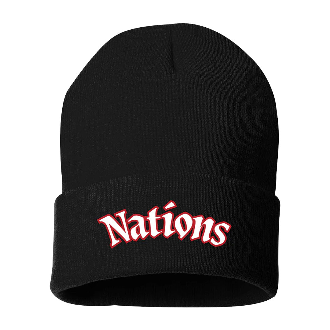 Black beanie with red text 'Nations' on a white background