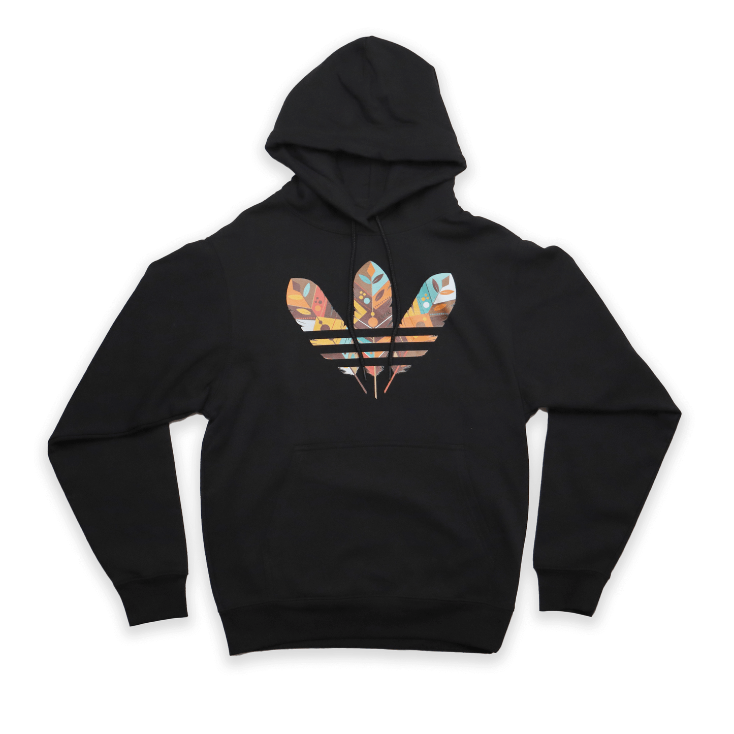 Black hoodie with a colorful Adidas revision logo on a black background