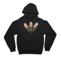 Black hoodie with a colorful logo on a black background
