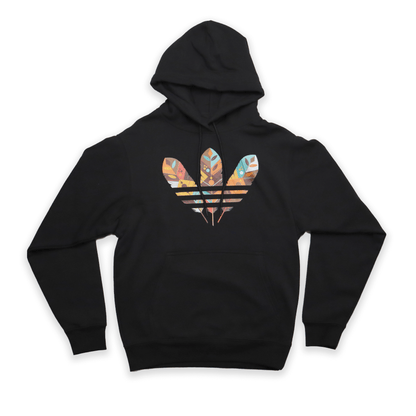 Black hoodie with a colorful Adidas revision logo on a black background