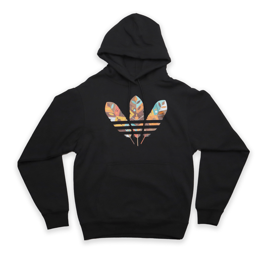 Black hoodie with a colorful Adidas revision logo on a black background