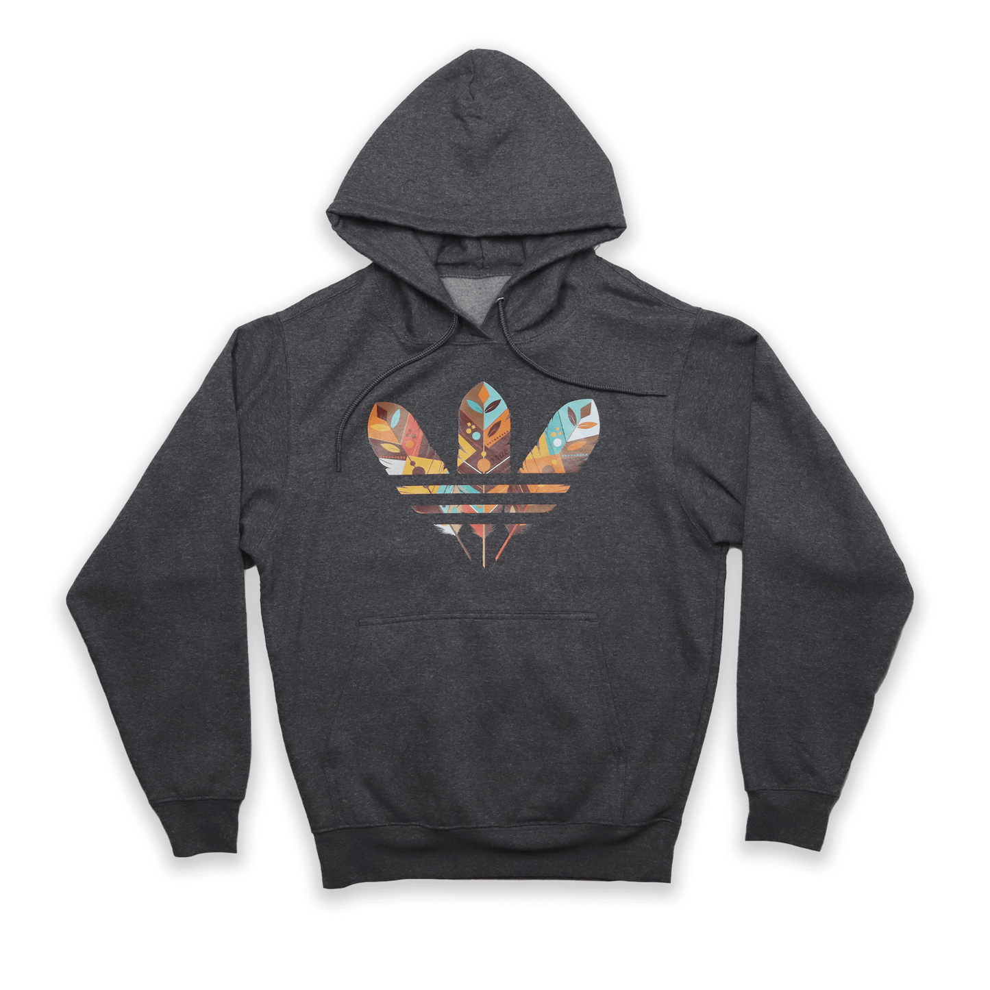 Gray hoodie with a colorful logo on a black background