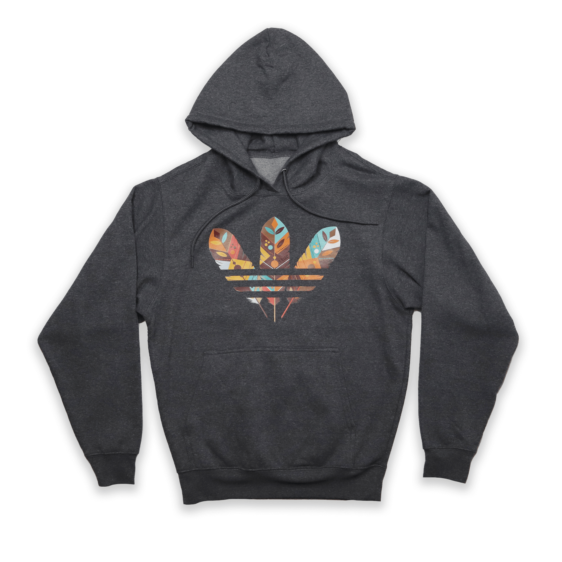 Gray hoodie with a colorful logo on a black background